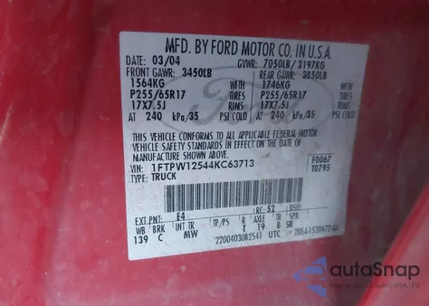 2004 Ford F-150 Lariat/Xlt from USA, damaged, VIN 1FTPW12544KC63713